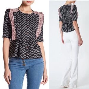 Veronica Beard Ruffle Shoulder Button Black and White Patterned Blouse Size 4